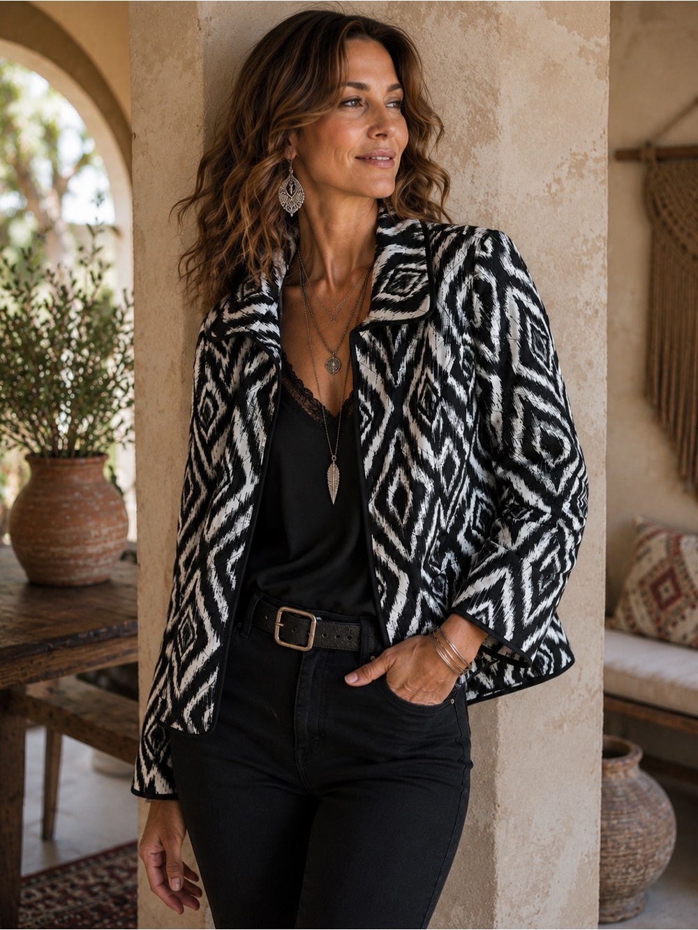 NEW Chico's Quilted Jacket Black & White Diamond ikat Pattern Open Front Medium